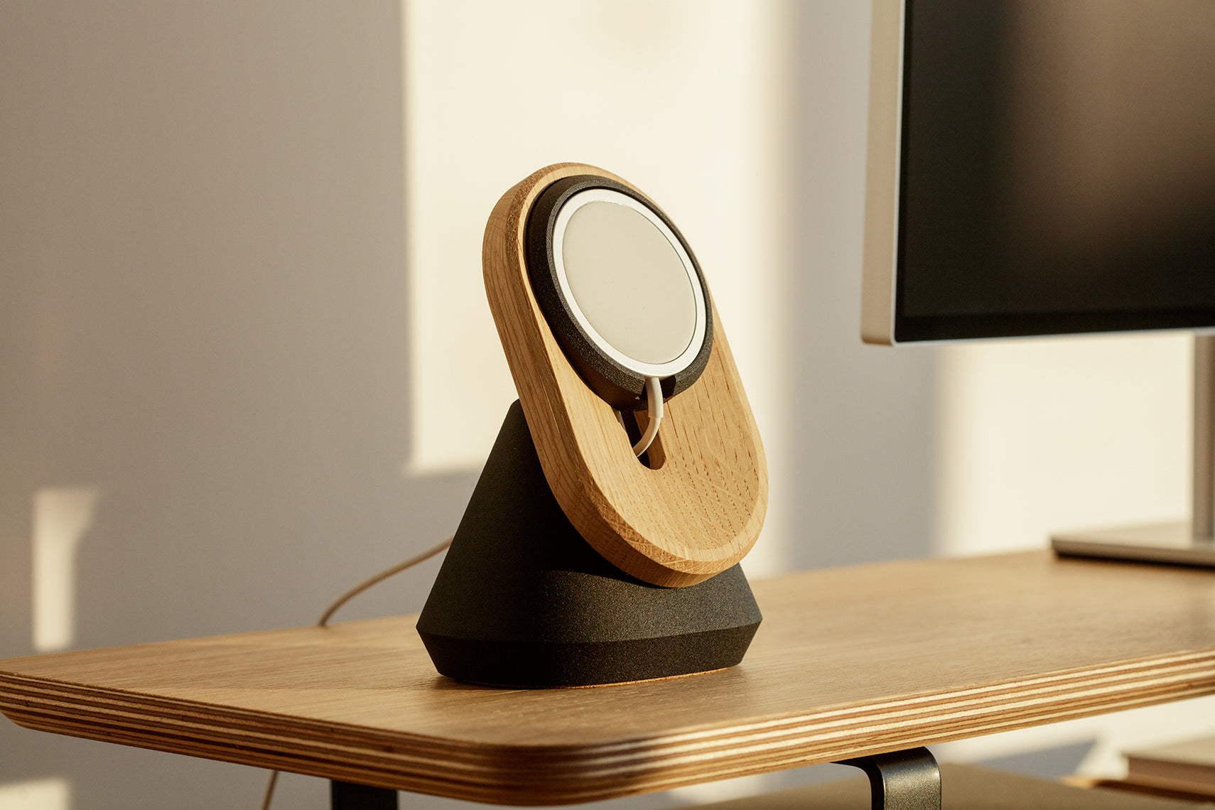 oak magsafe iphone stand on a veneer desk shelf | oak